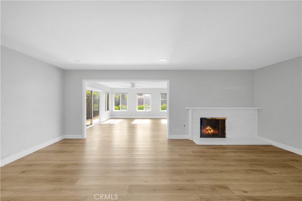 Empty room, Fireplace, Interior, Recessed Lighting, Wood Texture Flooring