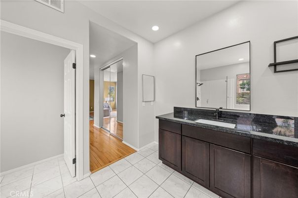 Bathroom, Interior, Marble, Recessed Lighting, Wood Texture Flooring
