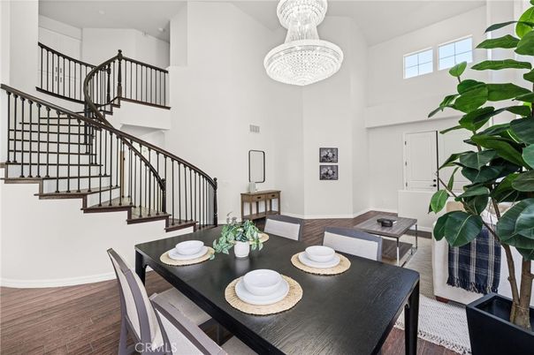 Chandelier, Dining room, Interior, Wood Texture Flooring
