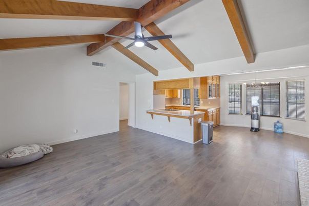 Empty room, Interior, Kitchen, Pendant Lights, Wooden Beams, Wood Texture Flooring