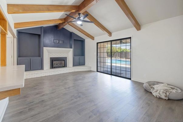 Empty room, Fireplace, Interior, Wooden Beams, Wood Texture Flooring