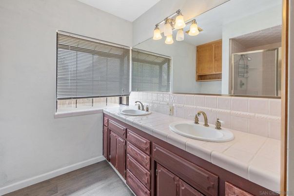Bathroom, Dual Sink Vanities, Interior, Tile Countertops, Wood Texture Flooring