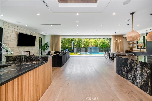 Interior, Kitchen, Living room, Pendant Lights, Recessed Lighting, Stone Walls, Wood Texture Flooring