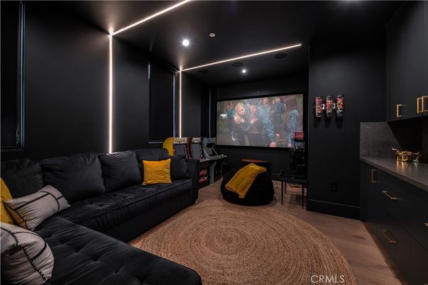 Interior, Projection Screen, Recessed Lighting, Theatre Room, Wood Texture Flooring