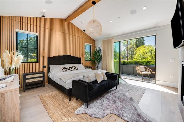 Bedroom, Interior, Pendant Lights, Recessed Lighting, Wooden Beams, Wood Texture Flooring, Wooden Walls