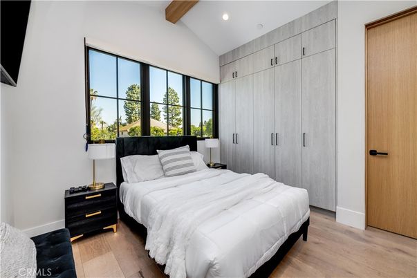 Bedroom, Interior, Recessed Lighting, Wooden Beams, Wood Texture Flooring
