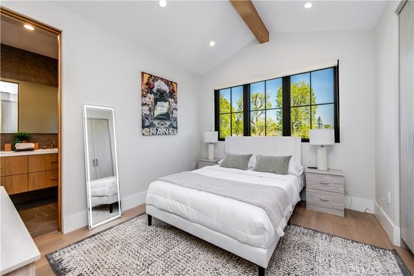 Bedroom, Interior, Recessed Lighting, Wooden Beams, Wood Texture Flooring