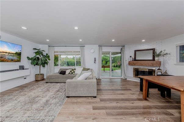 Fireplace, Home Office, Interior, Living room, Recessed Lighting, Wood Texture Flooring