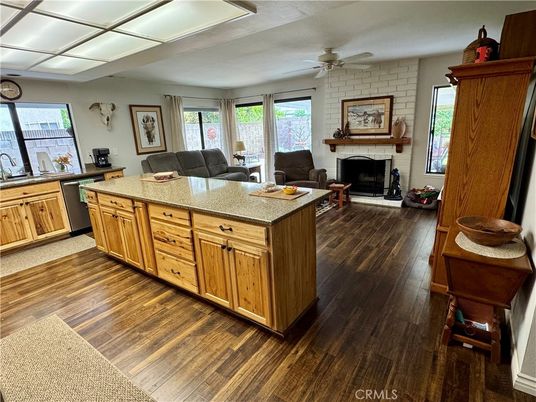 Fireplace, Interior, Kitchen, Living room, Stone Walls, Wood Texture Flooring