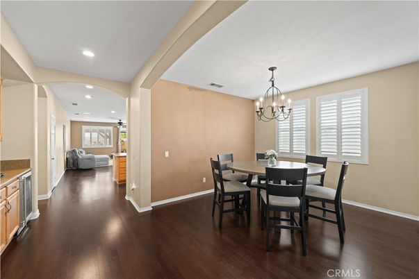 Chandelier, Dining room, Interior, Recessed Lighting, Wood Texture Flooring