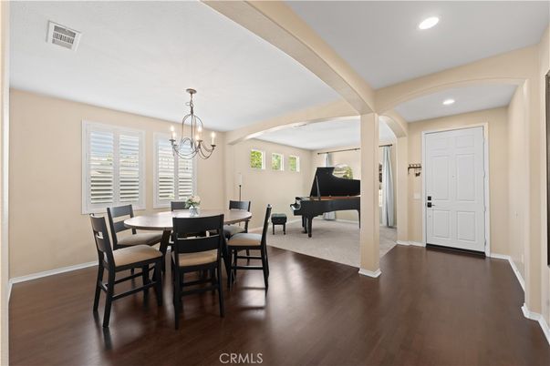 Chandelier, Dining room, Interior, Piano, Recessed Lighting, Wood Texture Flooring