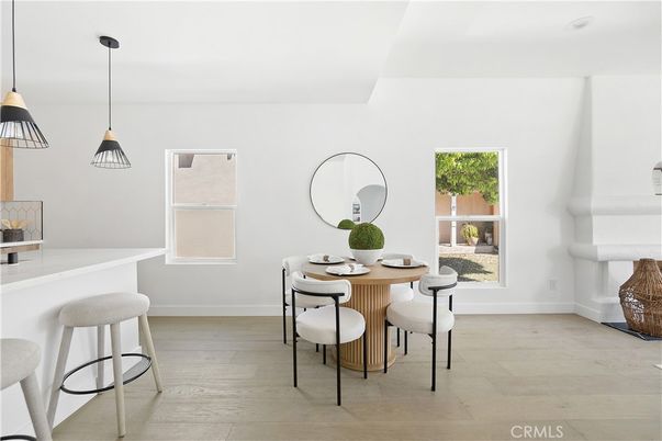Dining room, Interior, Pendant Lights, Wood Texture Flooring