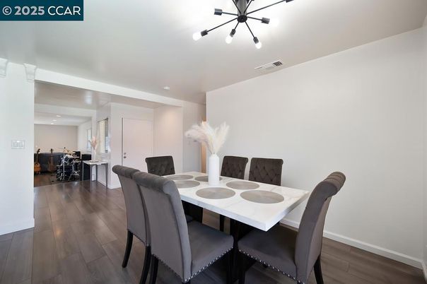 Dining room, Interior, Pendant Lights, Recessed Lighting, Wood Texture Flooring