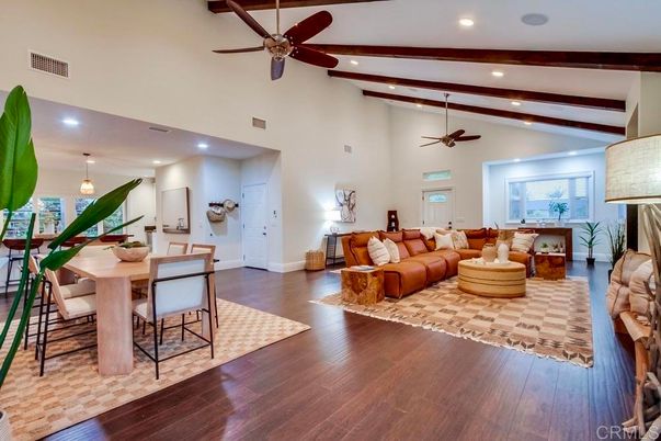 Dining room, Interior, Living room, Pendant Lights, Recessed Lighting, Wooden Beams, Wood Texture Flooring