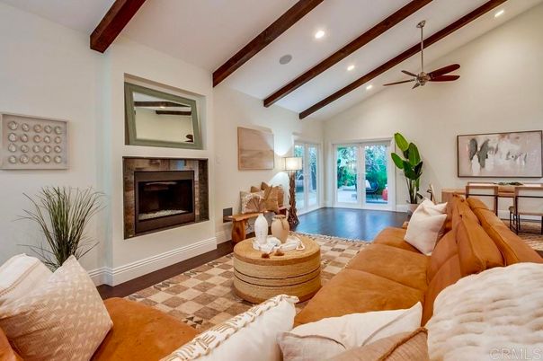 Fireplace, Interior, Living room, Recessed Lighting, Wooden Beams, Wood Texture Flooring