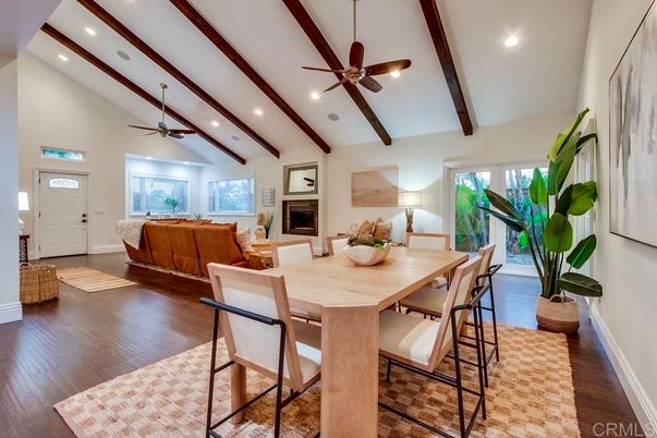 Dining room, Fireplace, Interior, Living room, Recessed Lighting, Wooden Beams, Wood Texture Flooring