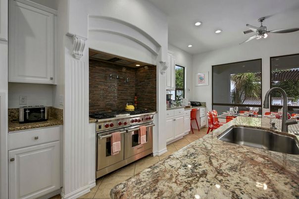 Interior, Kitchen, Recessed Lighting, Stainless Steel Appliances, Stone Walls