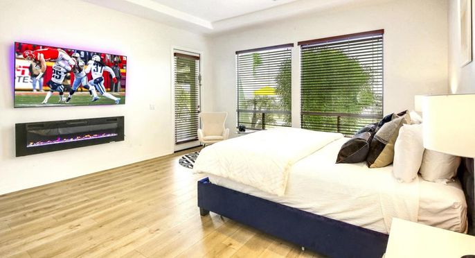 Bedroom, Fireplace, Interior, Wood Texture Flooring