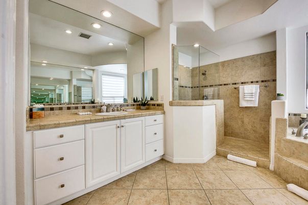 Bathroom, Glass Shower, Interior, Recessed Lighting, Tile Countertops