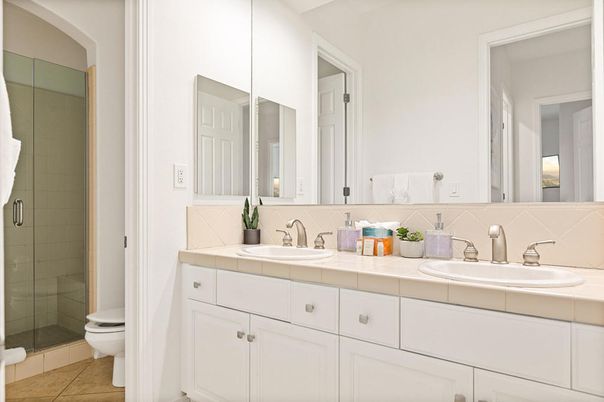 Bathroom, Dual Sink Vanities, Glass Shower, Interior, Tile Countertops