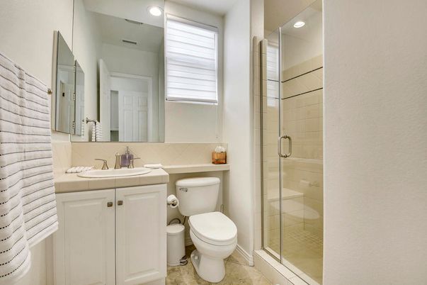Bathroom, Glass Shower, Interior, Recessed Lighting, Tile Countertops