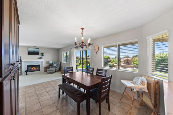 Chandelier, Dining room, Fireplace, Interior