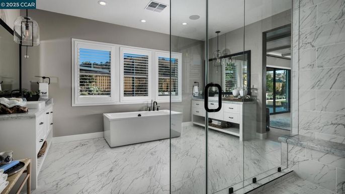 Bathroom, Free Standing Baths, Glass Shower, Interior, Marble, Marble Walls, Recessed Lighting