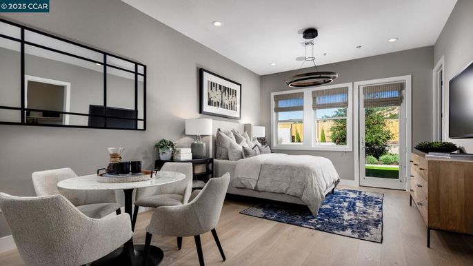 Bedroom, Interior, Pendant Lights, Recessed Lighting, Wood Texture Flooring