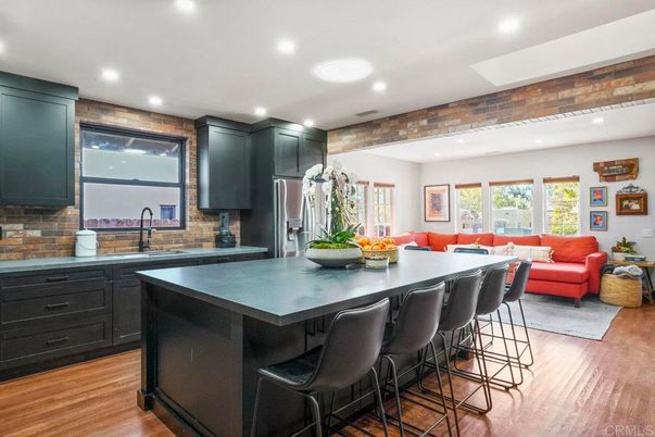 Interior, Kitchen, Living room, Recessed Lighting, Stainless Steel Appliances, Stone Walls, Wooden Beams, Wood Texture Flooring
