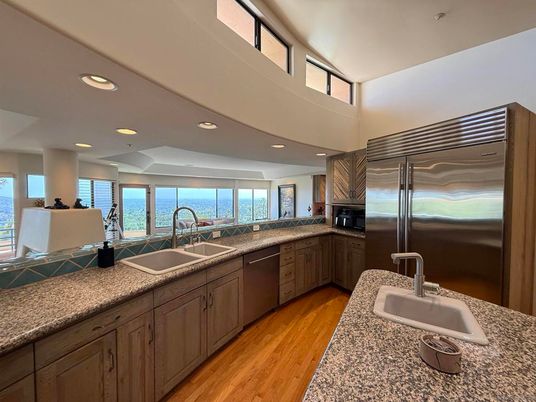 Interior, Kitchen, Recessed Lighting, Stainless Steel Appliances, Water, Wood Texture Flooring