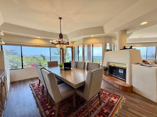 Chandelier, Dining room, Fireplace, Interior, Recessed Lighting, Water, Wood Texture Flooring