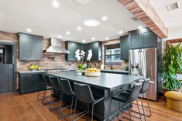 Interior, Kitchen, Recessed Lighting, Stainless Steel Appliances, Stone Walls, Wood Texture Flooring