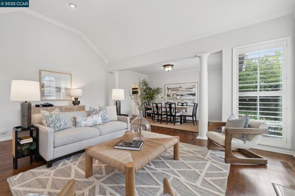 Dining room, Interior, Living room, Recessed Lighting, Wood Texture Flooring