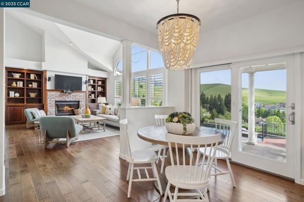 Chandelier, Dining room, Fireplace, Interior, Living room, Wood Texture Flooring