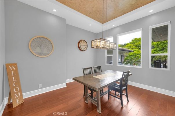 Dining room, Interior, Pendant Lights, Recessed Lighting, Wood Texture Flooring