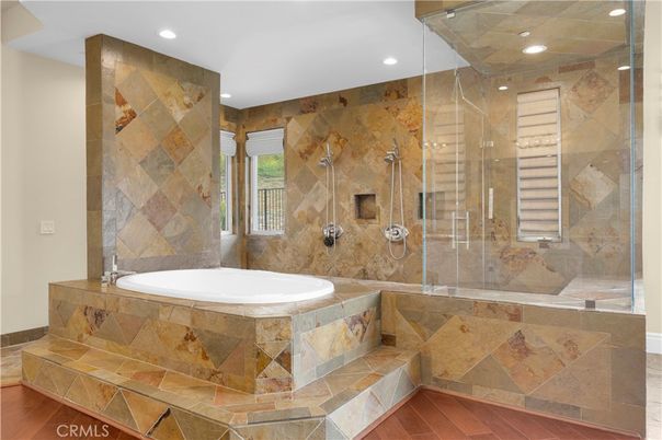 Bathroom, Glass Shower, Interior, Recessed Lighting, Wood Texture Flooring