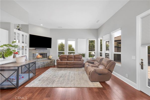 Fireplace, Interior, Living room, Recessed Lighting, Wood Texture Flooring