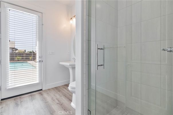 Bathroom, Glass Shower, Interior, Wood Texture Flooring