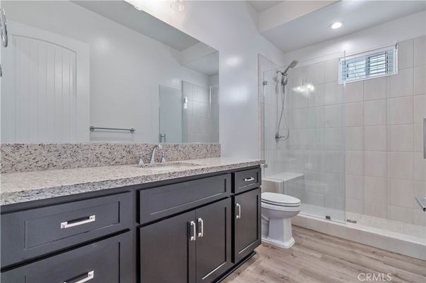 Bathroom, Glass Shower, Interior, Recessed Lighting, Wood Texture Flooring