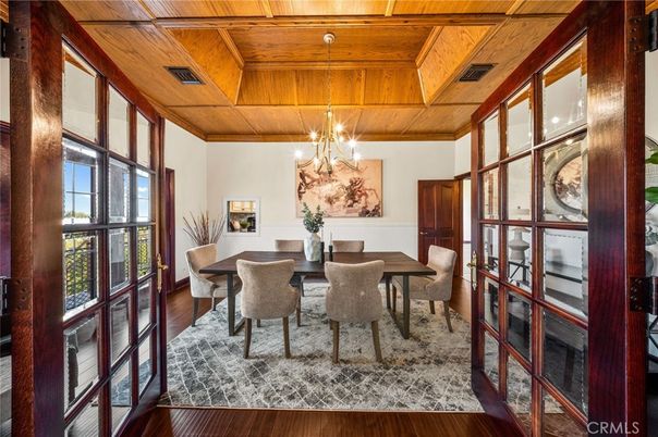 Chandelier, Dining room, Interior, Wooden Beams, Wooden Ceilings, Wood Texture Flooring