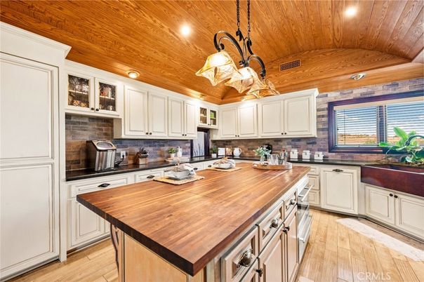 Interior, Kitchen, Pendant Lights, Recessed Lighting, Stainless Steel Appliances, Wooden Ceilings, Wood Texture Flooring