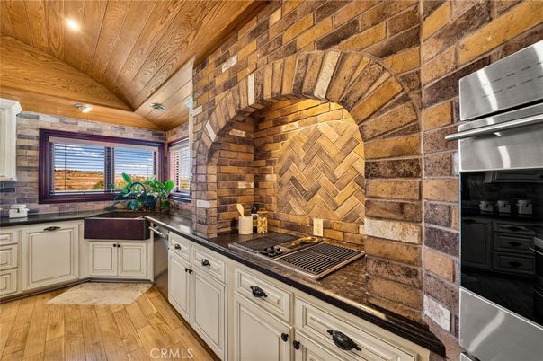 Interior, Kitchen, Recessed Lighting, Stainless Steel Appliances, Stone Walls, Wooden Ceilings, Wood Texture Flooring