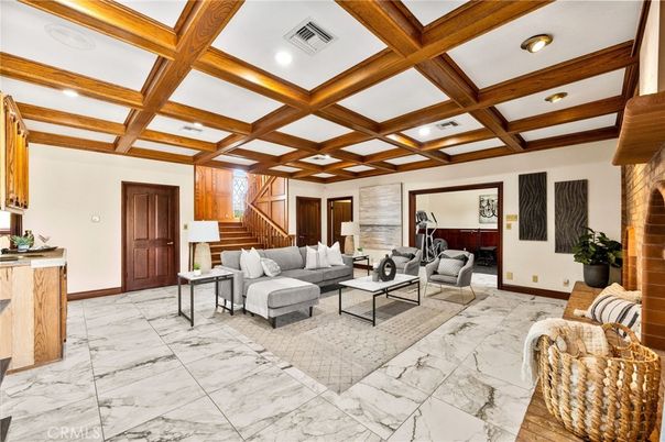 Fireplace, Interior, Living room, Marble, Recessed Lighting, Wooden Beams