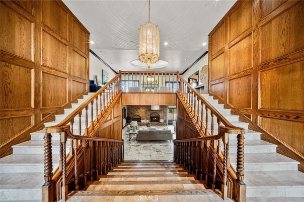 Chandelier, Fireplace, Interior, Marble, Recessed Lighting, Wooden Walls