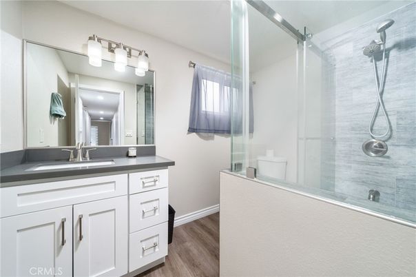 Bathroom, Glass Shower, Interior, Wood Texture Flooring