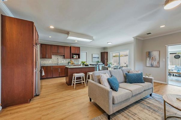 Dining room, Interior, Kitchen, Living room, Recessed Lighting, Wood Texture Flooring