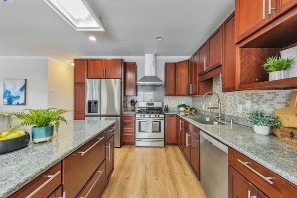 Interior, Kitchen, Recessed Lighting, Stainless Steel Appliances, Wood Texture Flooring