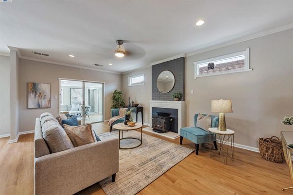 Fireplace, Interior, Living room, Recessed Lighting, Wood Texture Flooring