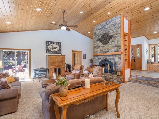 Fireplace, Interior, Living room, Recessed Lighting, Stone Walls, Wooden Ceilings