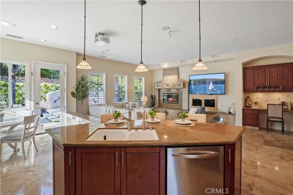 Dining room, Fireplace, Interior, Kitchen, Living room, Pendant Lights, Recessed Lighting, Stainless Steel Appliances